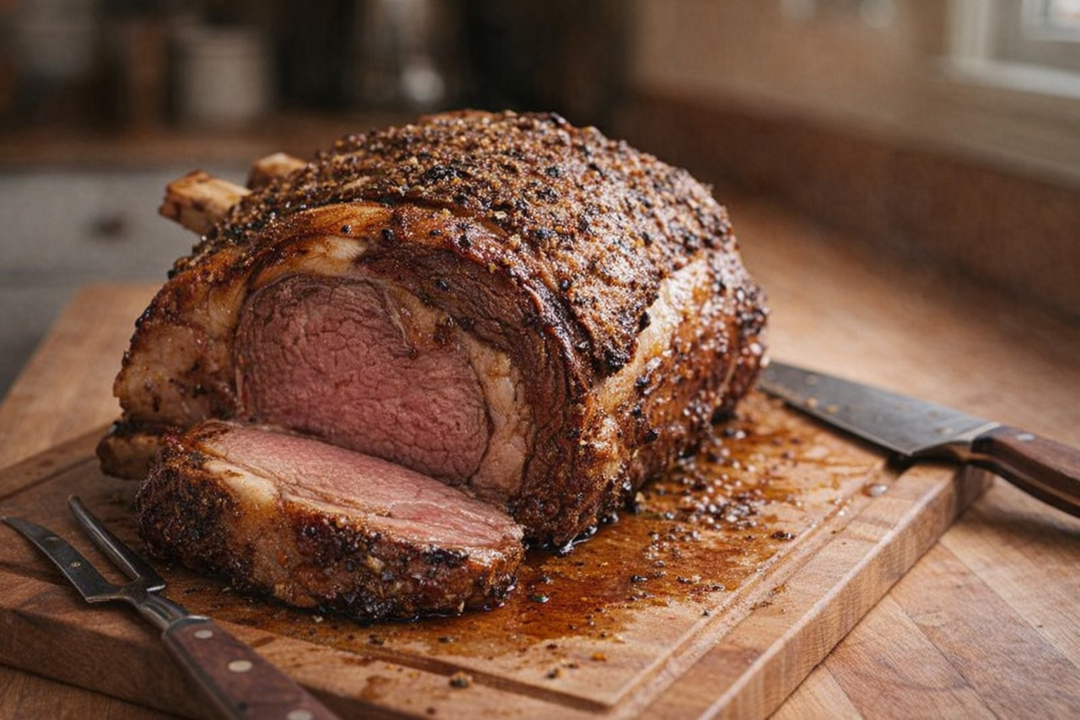 A perfectly roasted standing rib roast, glistening with rendered fat, resting on a cutting board, ready to be carved. Warm, inviting kitchen lighting